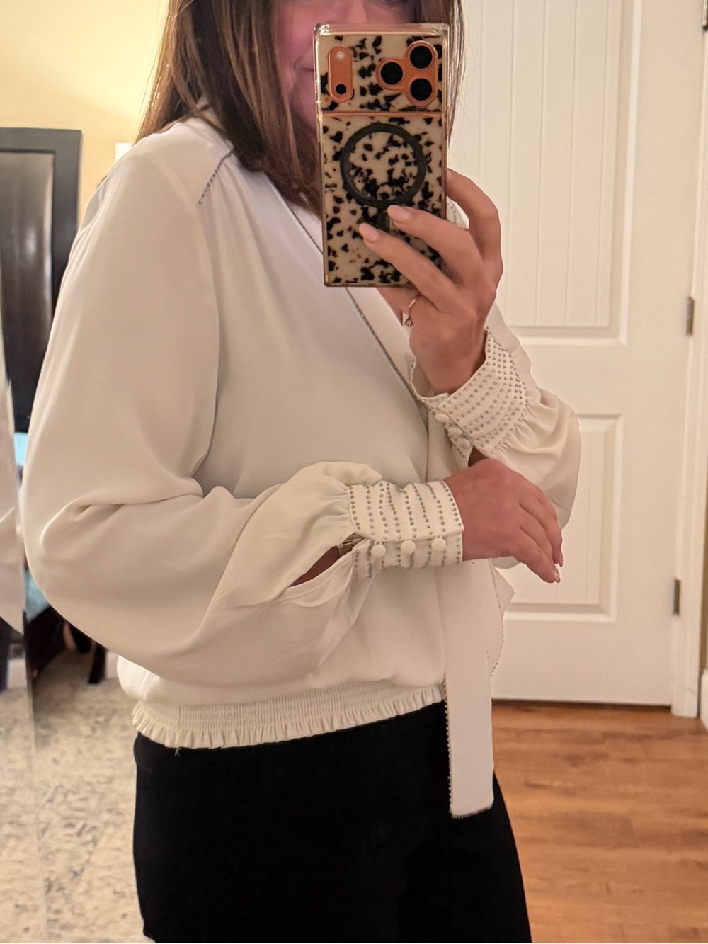 WHBM White Tie-Neck Blouse with Beaded Silver Stitching